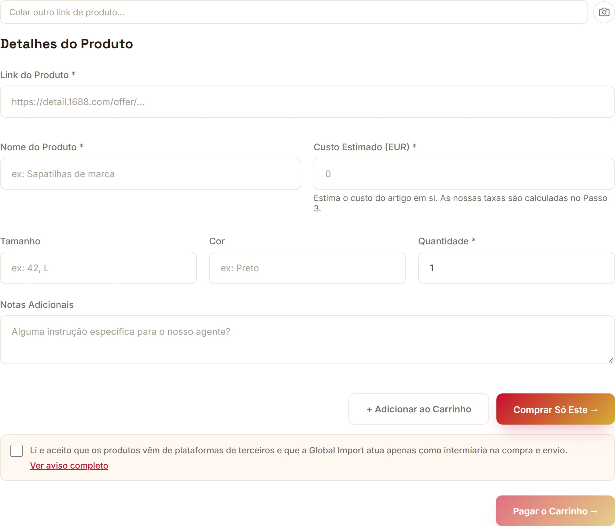 Formulário de nova encomenda, com uma seta a apontar o campo Link do Produto