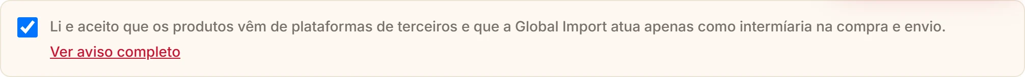 Caixa de aceitação do aviso sobre produtos de plataformas terceiras