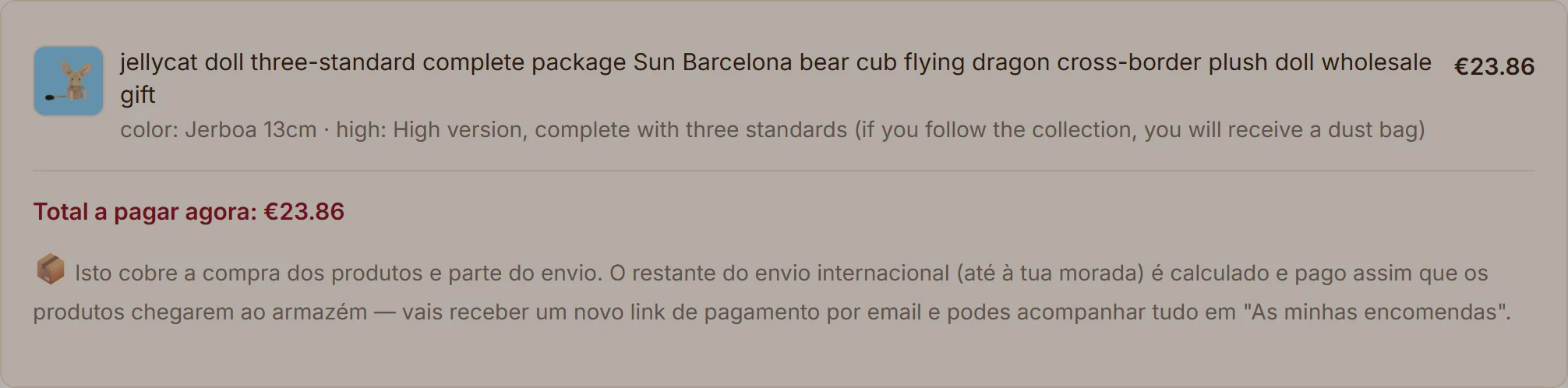 Resumo do pagamento com o artigo e o total a pagar