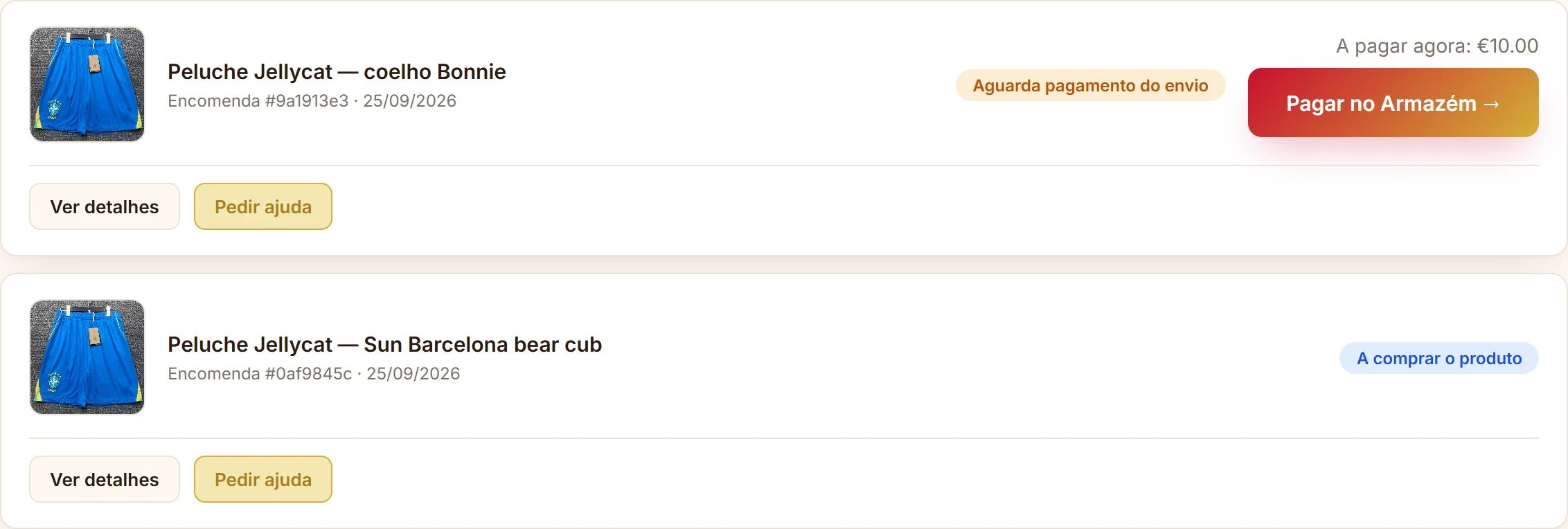 Lista das encomendas do cliente com o estado de cada uma