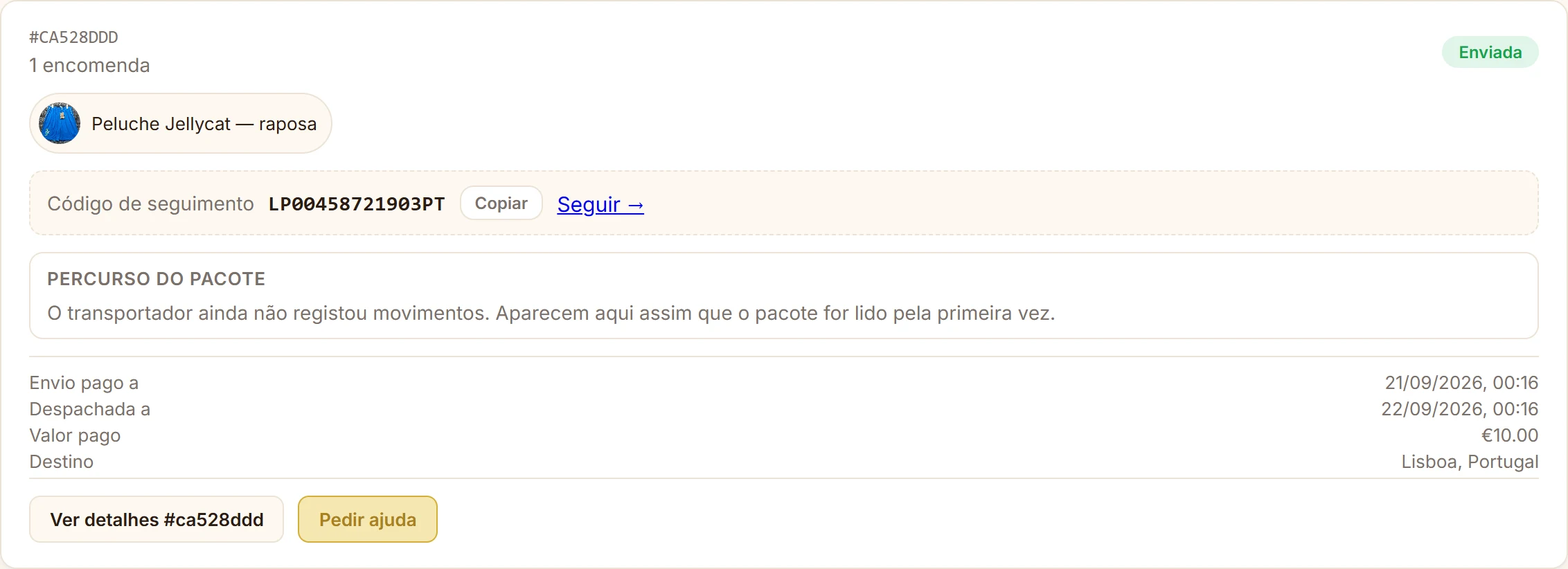 Parcela enviada, com código de seguimento e percurso do pacote